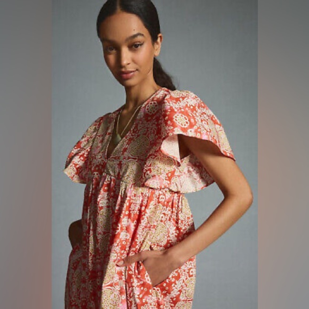 Anthropologie Maeve Printed Flutter-Sleeve Babydoll Dress Small Petite